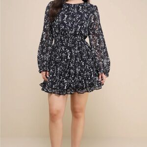 Lulus Too Cute Navy Blue Floral Print Smocked Long Sleeve Mini Dress